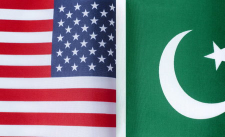 fragments of the national flags of the United States and Pakistan in close-upの写真素材
