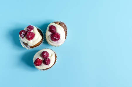 Homemade cupcakes with white cream and berries on a blue background. Sweet cupcakes on a colored...