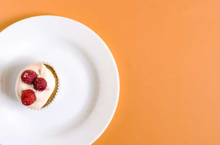 Homemade cupcake with cream and berries on a white plate on a colored background. Cake cupcake on a colored background top view is a place for text.の写真素材
