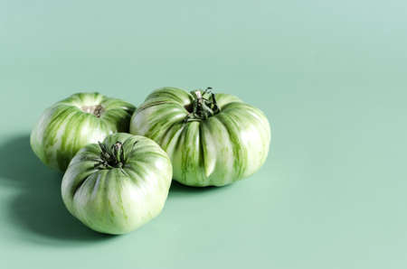 Green tomatoes on a light green background of the mine space. Large green tomatoes close upの写真素材