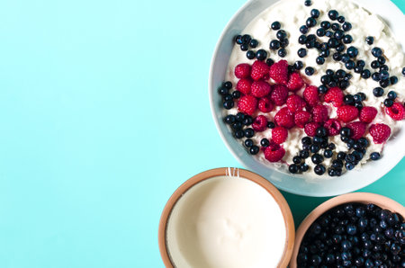 Cottage cheese with sour cream and berries in a light dish on a light background. Healthy food berries and cottage cheese in a plate a place for textの写真素材