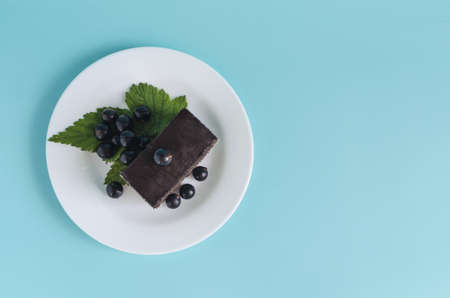 Cake with brown cream, black currant leaves and berries on a white plate top view. Black berries and cake on a colored background copy spaceの写真素材