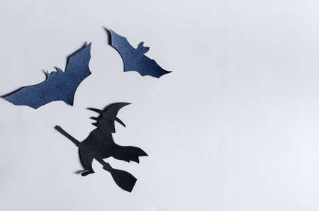 The shadow of a black witch on a broom surrounded by bats on a colored background. The layout of the...