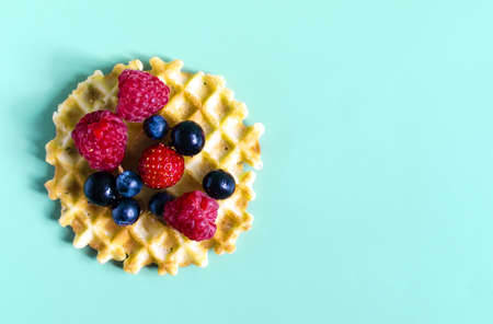 Waffle with fresh black and red berries sprinkled with powdered sugar on a light green background....