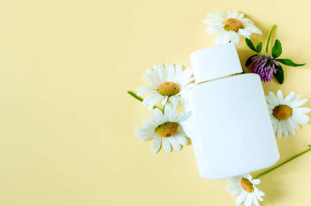 Wild flowers of chamomile and clover and a white bottle on a colored background. Flowers and cosmetics on a yellow background a place for textの写真素材