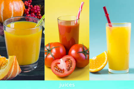 Collage of tomato, orange and pumpkin juice in transparent glasses. Juices collage.