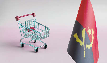 An empty metal shopping basket and the flag of the Republic of Angola on a light background is a concept of consumption and a consumer basket.の写真素材
