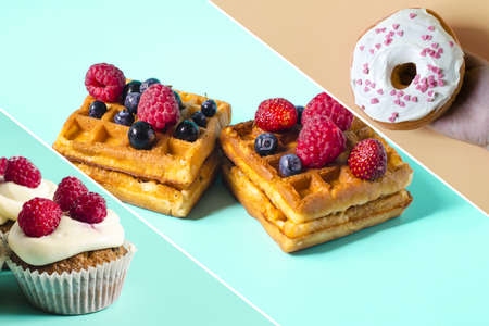 A set of pictures of colorful desserts. Bright donuts, cupcakes and soft waffles with berries on a...