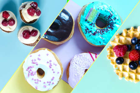collage of colorful desserts. Bright donuts, cupcakes and soft waffles with berries on a colored background, a collage of confectioneryの写真素材