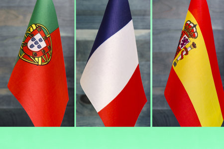 A set of pictures with flags of European countries. Collage of flags of Portugal, France and Spain.