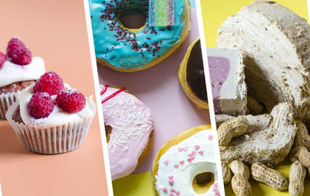 A set of pictures with colorful desserts. Bright donuts, cupcakes and halva on a colored background,...
