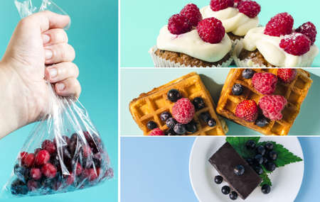 A set of pictures of colorful desserts and frozen berries. Delicious cakes, cupcakes and soft waffles with berries on a colored background, a collage of confectioneryの写真素材