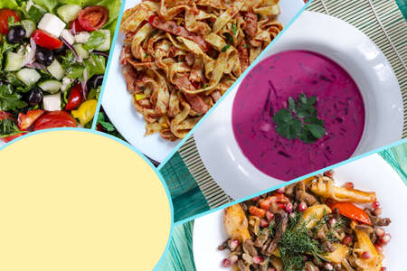 Roast with meat, tomato paste, beetroot soup and a salad of fresh vegetables in close-up. Collage of dishes from different cuisines of the world.の写真素材