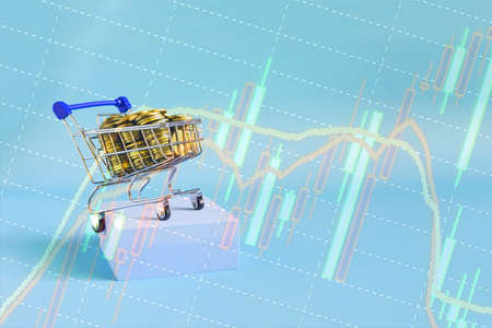 A metal basket filled with coins on a blue podium, a chart of stock sales on the background.の写真素材