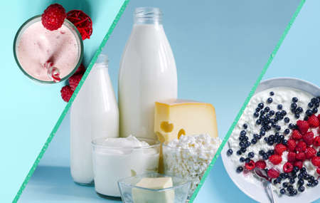Collage of pictures of milk products. Milk, kefir, sour cream, cheese, butter, cottage cheese and milkshakes in a glass container on a light background.の写真素材