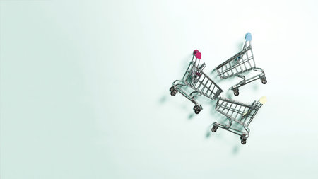 Banner metal grocery baskets on a light background. The concept of business, sales and retail.の写真素材