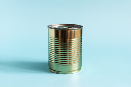 A tin can of golden color in close-up on a blue background. Long-term storage products.の写真素材