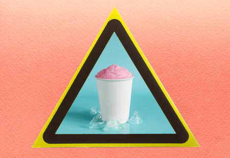 Pink ice cream in a cup in a yellow triangle close-up.の写真素材