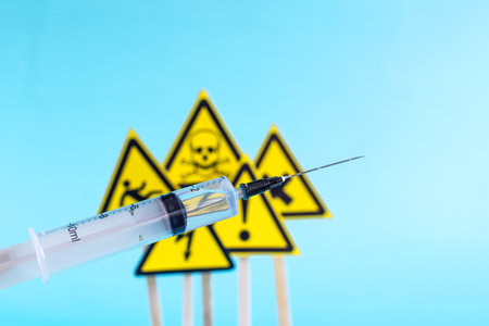 A syringe with liquid on the background of warning signs. The concept of a harmful disease or the danger of drug useの写真素材