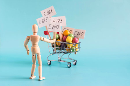 A person looks at a grocery basket filled with various food additives in the foregroundの写真素材