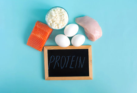 Products containing protein in their composition in close-up on a light backgroundの写真素材