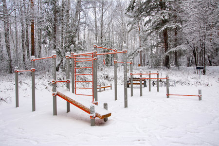 A sports ground with exercise equipment in the park covered with the first snowの写真素材