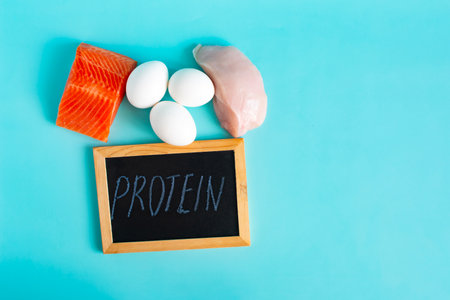 Products containing protein in their composition in close-up on a light backgroundの写真素材