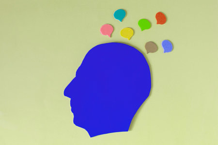 The silhouette of a human head in blue and the problem of choice in the flow of information. A person receives information from different sourcesの写真素材