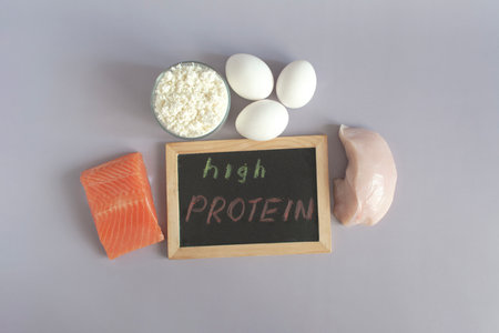A set of products with a high protein content and a close-up description "high protein"の写真素材