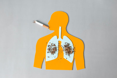 The silhouette of a man with highlighted lungs, liberally sprinkled with tobacco and a cigarette in his mouth. The concept of smoking harm and smoking-related diseasesの写真素材