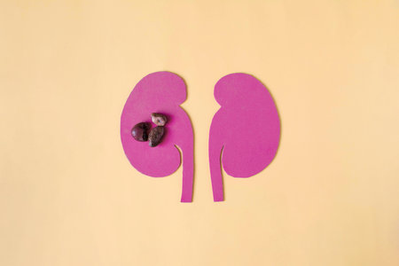 Abstract image of urolithiasis in the form of kidneys and stones in them in close-up on a light...
