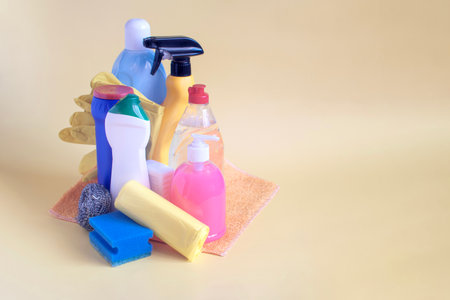 A set of various accessories for creating and maintaining cleanliness in the house on a light background copy spaceの写真素材