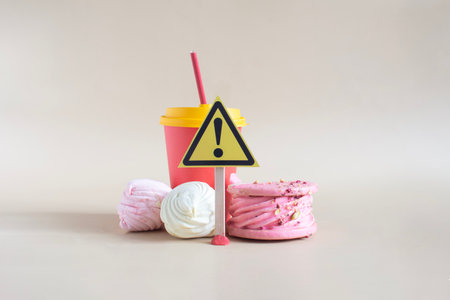 A warning about the dangers of consuming large amounts of sweet confectionery. Sweet cakes and a warning sign on a light backgroundの写真素材