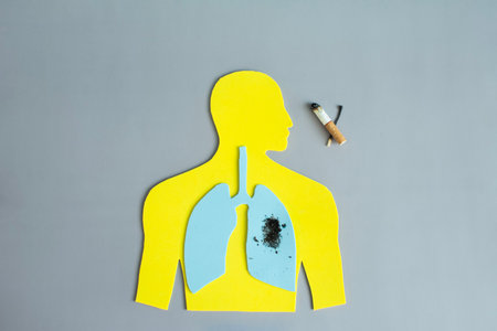 The silhouette of a man with highlighted lungs, liberally sprinkled with tobacco and a cigarette. The concept of the harm of smoking and diseases from smokingの写真素材