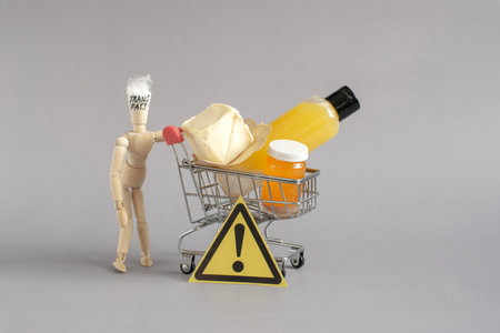 The concept of the danger of products containing trans fats. The puppet holds onto a basket...