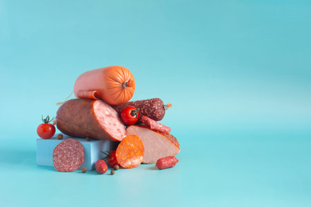 Various types of sausages and meat products and cherry tomatoes in close-up on a light background