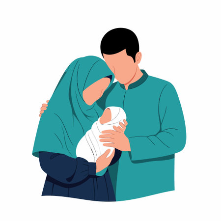 Father holding his newborn baby. Flat vector illustration isolated on white background.のイラスト素材