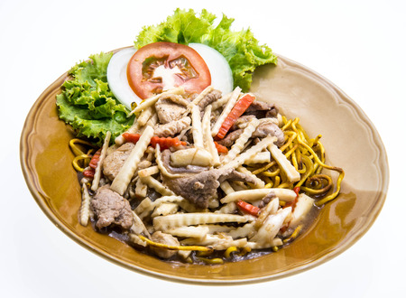 pork and chicken meat with china-asian noodle, vegetablesの写真素材