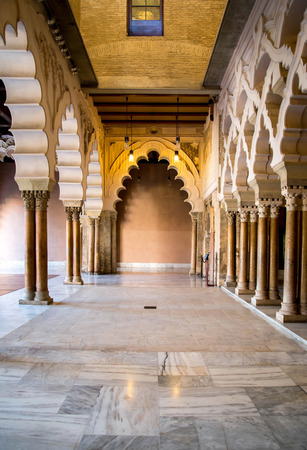 ZARAGOZA, SPAIN - JUNE 8, 2014 Arabic arches at Aljaferia Palace in Zaragoza, Spainのeditorial素材