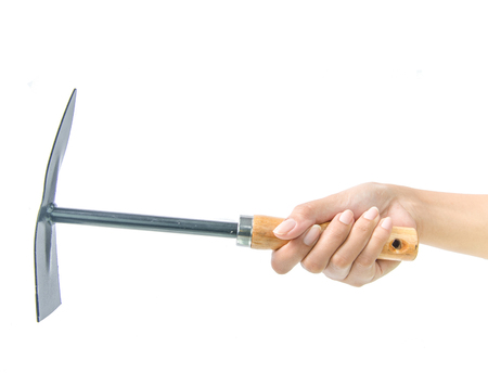Hand with Garden tool instument on white background
