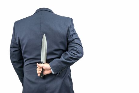 Invisible man in a suit holding a knife on a white background.