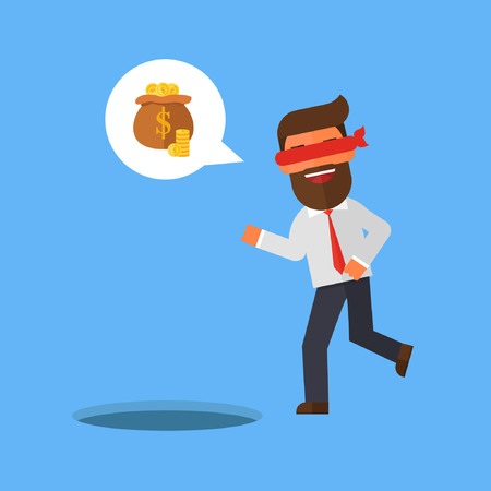 Blindfolded businessman walking to find money with pit holeのイラスト素材