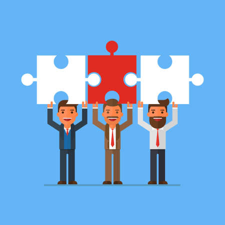 businessmen standing holding puzzle pieces above headのイラスト素材