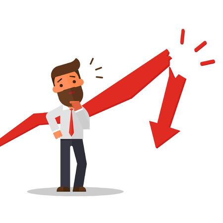 Business man standing and looking in despair at broken down statistic arrowのイラスト素材