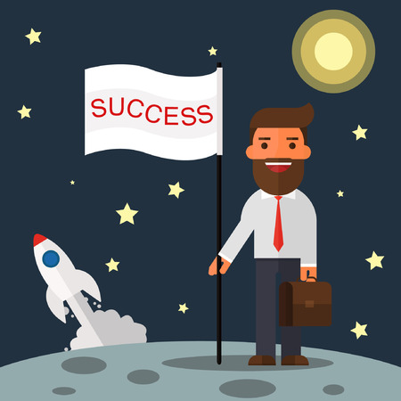 Successful businessman gets the moon holding a flagのイラスト素材