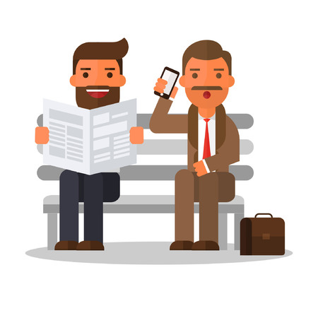 Business man reading newspaper and man using smartphoneのイラスト素材
