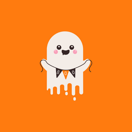 Flying ghost spirit holding bunting flag Boo. Happy Halloweenのイラスト素材