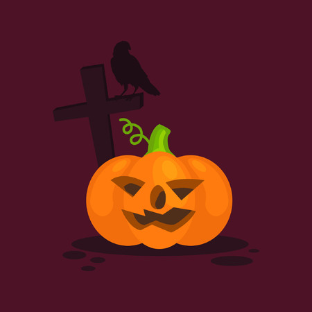 Happy Halloween typographic text and orange realistic pumpkin on vector backgroundのイラスト素材