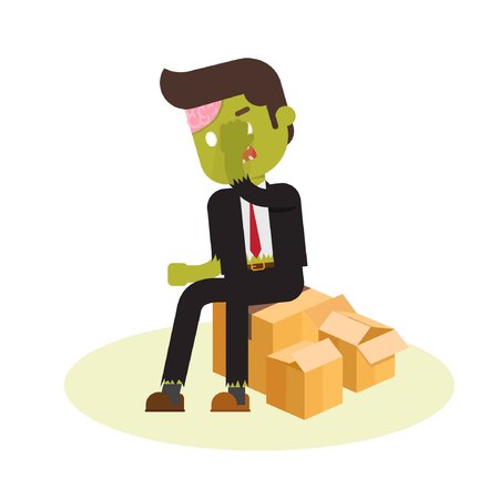 zombie office sitting on empty cardboard packing and solving problem in his mindのイラスト素材