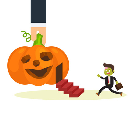 with zombie businessman colleague running to pumkin briefcaseのイラスト素材